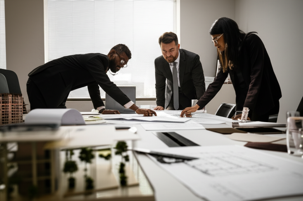 Professional construction consultation meeting with blueprints