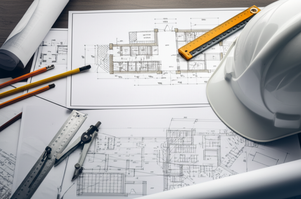 Architectural blueprints and construction planning documents